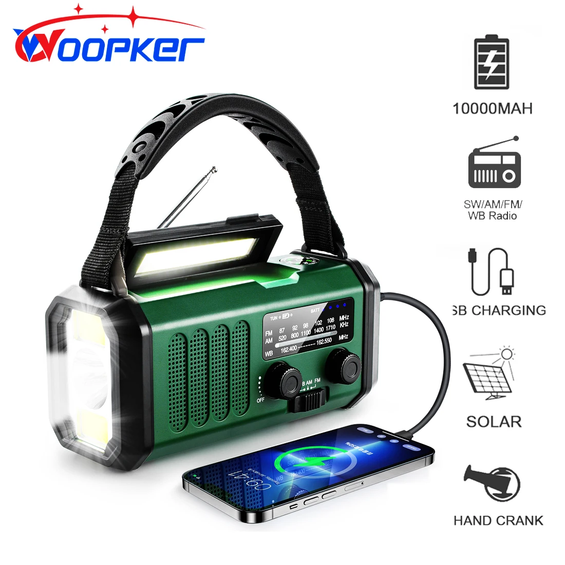 Woopker 라디오 E30 10000mAh FM 비상 라디오 태양열 핸드 크랭크 생성기 AM/FM/NOAA LED 휴대용 라디오 SOS 알람 보조베터리