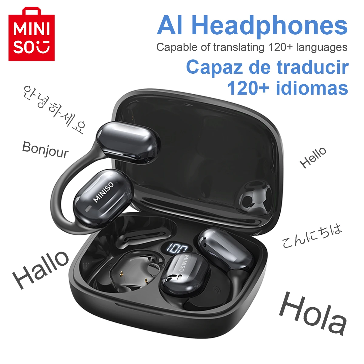 번역기 이어폰 MINISO MS162 대면 번역 블루투스 이어폰 무선 헤드폰 사무실 여행, ASMR 헤드셋 APP