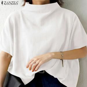 ZANZEA 인과 퓨어 코튼 블라우스 여름 여성 솔리드 터틀넥 반소매 백 지퍼 블라우스 우아한 홀리데이 탑 오버 사이즈