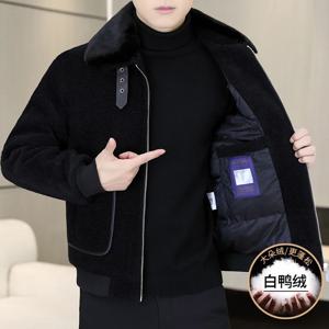 고품질 남성 쇼트 울 패딩 2024 겨울 가죽 칼라 탈부착 보온 화이트 오리털 재킷 비즈니스 캐주얼 방풍 강화 다운 코트