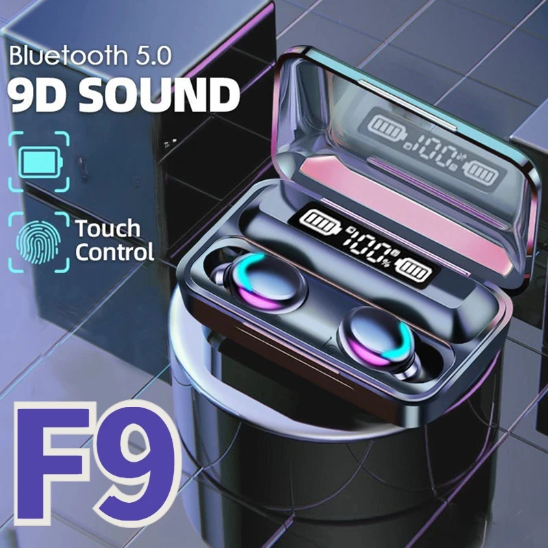 F9 블루투스 헤드폰, 9D 스테레오, 하이 베이스, 스포츠 이어폰, 핸즈프리 터치 컨트롤, TWS 무선 이어버드, 방수 헤드셋, 신제품