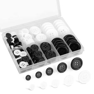 160Pcs 저장 상자와 플랫 백 라운드 바느질 단추 블랙 화이트 4 홀 5 크기 셔츠 의류 수지 단추 봉제 공예에 대 한