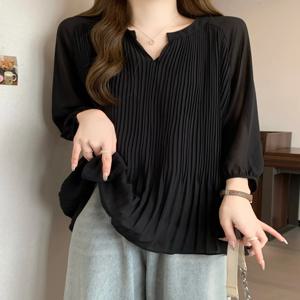루즈핏 티셔츠 통근 캐주얼 여름 루즈핏 브이넥 반소매 여성용 플리츠 하트핏 티셔츠 티셔츠 티셔츠 티셔츠 티셔츠