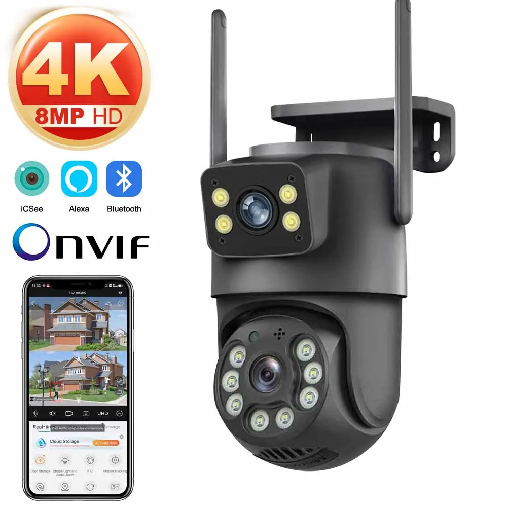 8MP WiFi 카메라 PTZ 듀얼 스크린 자동 추적 야간 투시경 CCTV 감시 카메라 야외 4MP 보안 IP 카메라 icsee