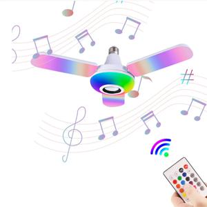 블루투스 음악 빛 RGB 4 잎 팬 모양 50W E27 LED 전구 원격 제어 접이식 전구 스마트 스피커 램프 AC85-265V