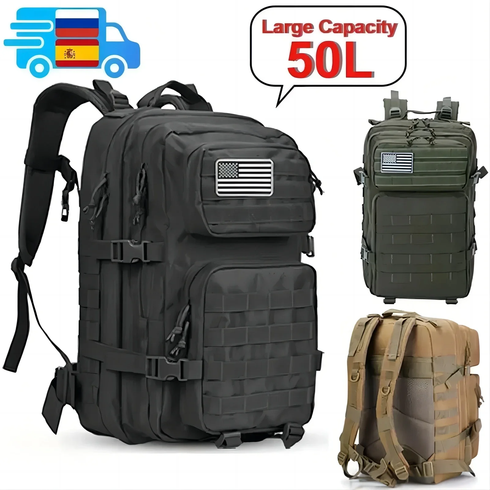 남성용 전술 배낭, 대용량 배낭, 방수 야외 스포츠, 다기능 가방, 50L, 35L, 25L