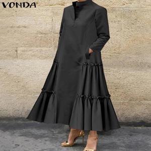 플러스 사이즈 VONDA 여성용 셔츠 원피스, A라인 프릴 맥시 롱 원피스 스탠드 칼라, 긴팔 파티, 단색 캐주얼, 2024