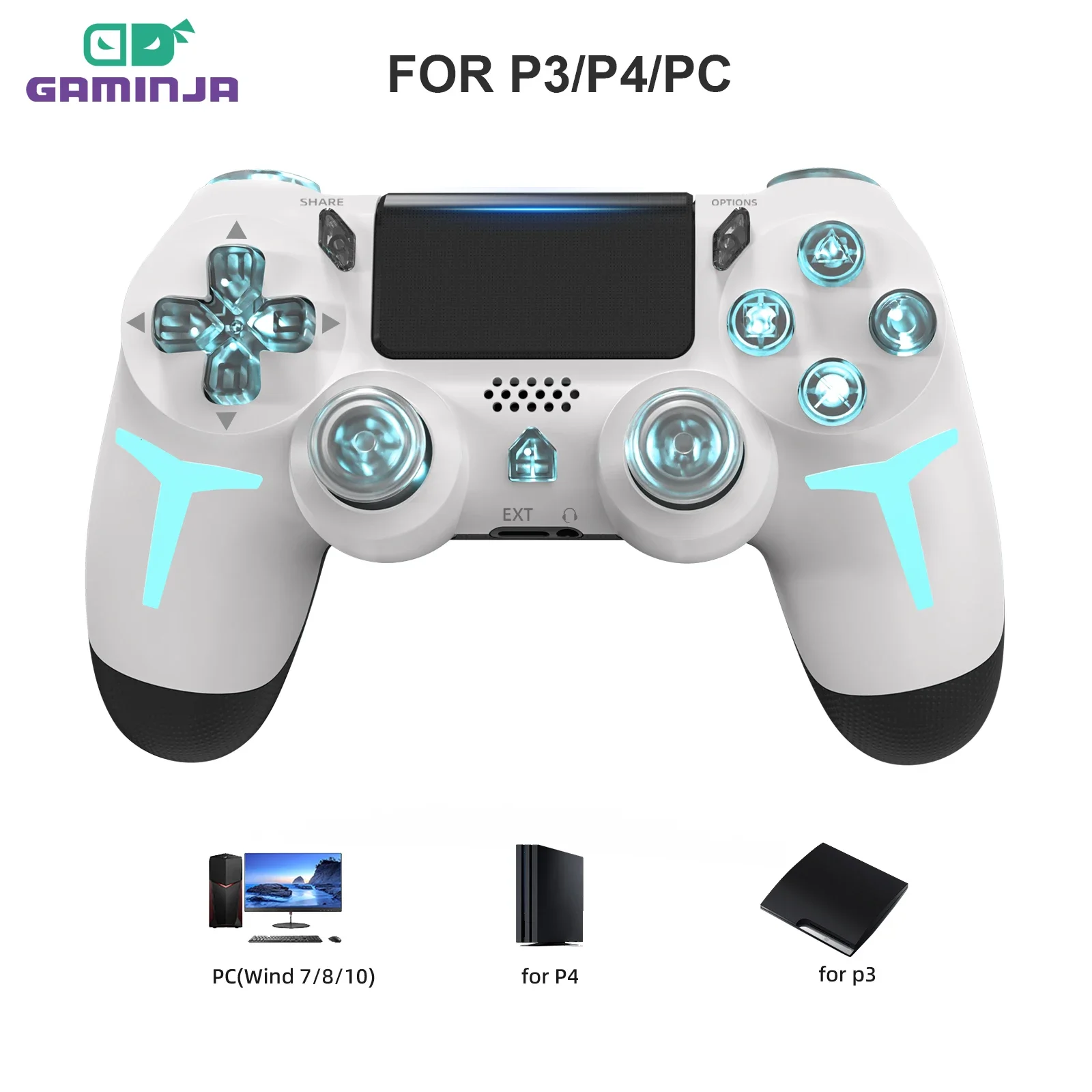 GAMINJA RGB 라이트 무선 게임 컨트롤러 PS4 PS3 콘솔 컴퓨터 PC LED 블루투스 게임 패드 6 축 자이로 스코프 이중 진동