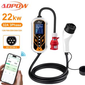 ADPOW 휴대용 32A Type2 EV 충전기 3상 22KW 빨간색 5핀 CEE 플러그 5M 케이블 WIFI APP 제어 전기 자동차 충전 액세서리