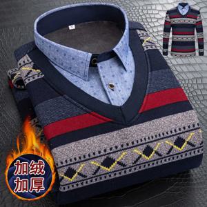 5XL 가을 겨울 남성 양털 셔츠 칼라 스웨터 2024 패션 그리드 인쇄 두꺼운 따뜻한 스웨터 남성 벨벳 두꺼운 스웨터