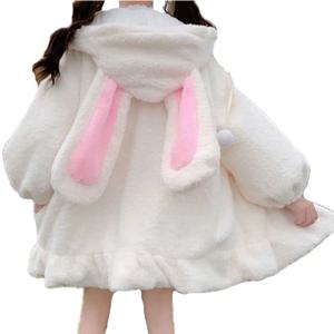 가을 겨울 여성 하라주쿠 카와이 토끼 귀 후드 티셔츠 루즈 롱 프릴 밑단 양털 까마귀 귀여운 따뜻한 지퍼 업 streetwear