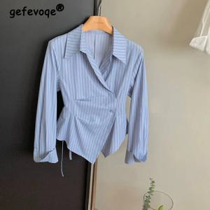 여성 패션 레트로 스트라이프 프린트 셔링 불규칙한 디자인 셔츠 Office Lady 우아한 레이스 업 블라우스 캐주얼 긴 소매 슬림 탑