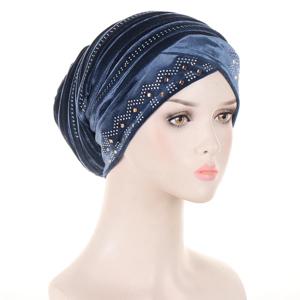 반짝이 다이아몬드 Pleated Turban 모자 여성 소프트 벨벳 머리 랩 모자 이슬람 Headscarf 보닛 여성 비니 풀오버 모자