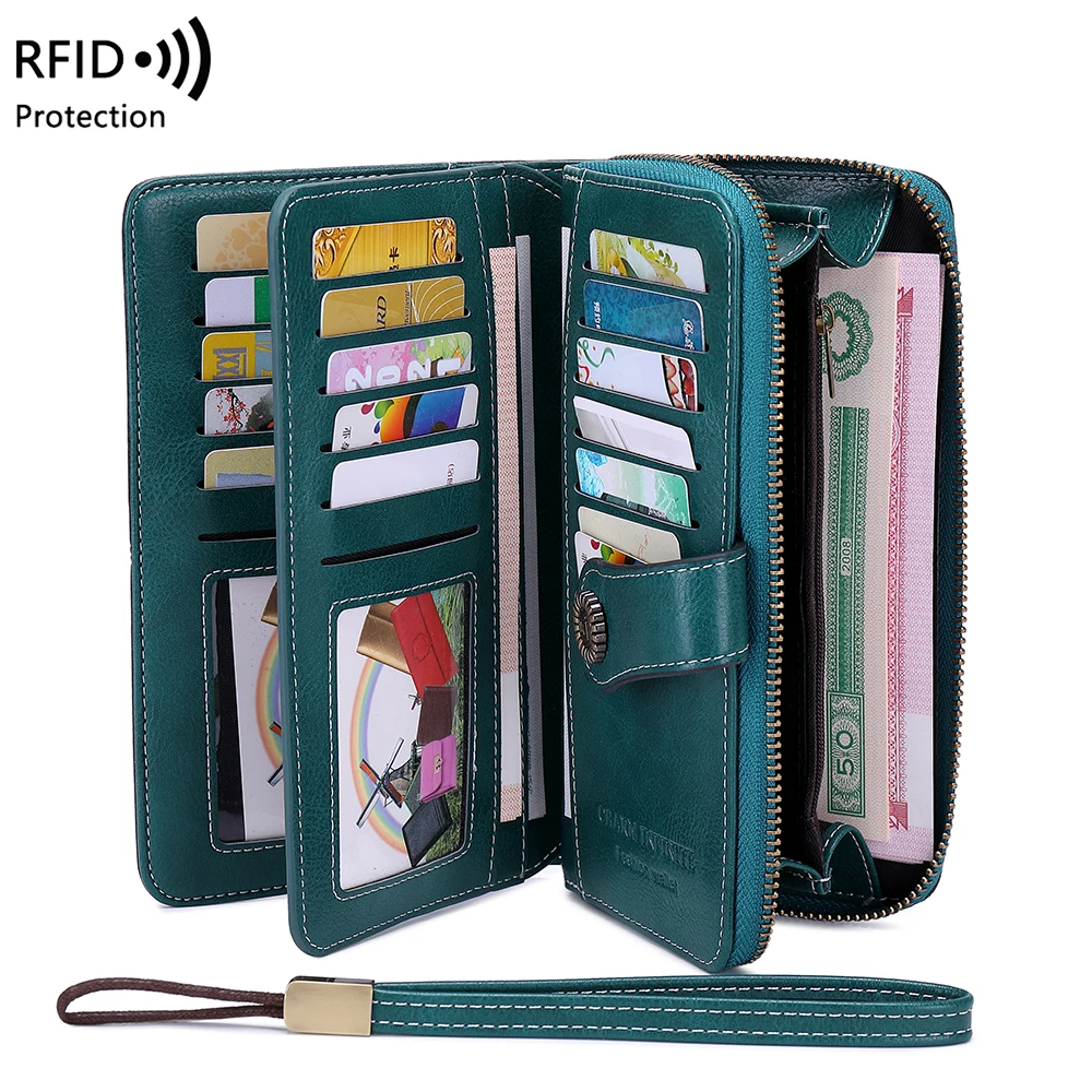 RFID 도난 방지 브러시 레트로 대용량 장 지갑 멀티 카드 여성용 지갑 손목 스트랩이있는 다기능 지퍼 지갑