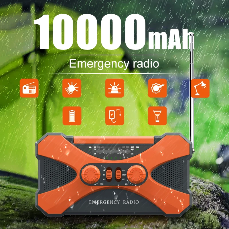 10000mAh 비상 라디오, 태양열 핸드 크랭크 라디오, 휴대폰 충전기가 포함된 휴대용 AM/FM/NOAA 기상 라디오, LED 손전등