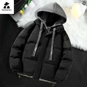 남성 후드 코튼 Coat2024 새로운 캐주얼 후드 가짜 투피스 디자인 다운 코튼 따뜻한 파카 한국 스타일 두꺼운 남성 겨울 자켓