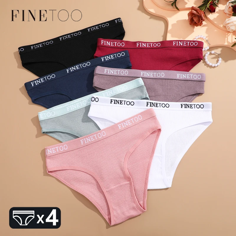 FINETOO 4Pcs 코튼 스트라이프 속옷 여성 팬티 편지 벨트 팬티 숙녀 낮은 허리 란제리 솔리드 통기성 속옷