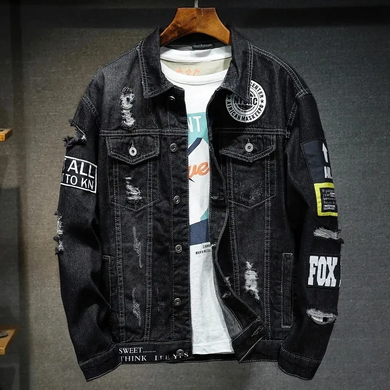 남성 브랜드 데님 자켓 streetwear 펑크 오토바이 찢어진 인쇄 카우보이 코트 고품질 캐주얼 홀 느슨한 남성 청바지 아웃웨어
