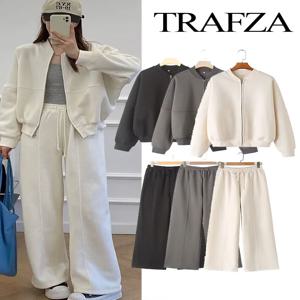 TRAFZA 여성용 2 피스 레트로 솔리드 컬러 지퍼 폭격기 자켓 스웨트 + 하이 웨이스트 레이스 업 여성용 루즈 벨벳 바지 정장