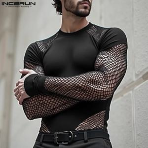 INCERUN 잘 생긴 캐주얼 긴 소매 바디 슈트 2024 남성 잘 피팅 메쉬 스플 라이스 점프 슈트 편안한 Homewear Loungewear