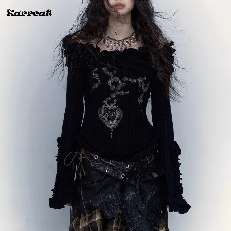 Karrcat 그런지 니트 상의, 빈티지 오프 숄더 문신 프린트 티셔츠, 황무지 펑크 블랙 골지 티셔츠, 고딕 미학