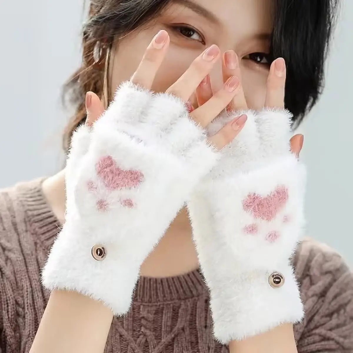 두꺼운 여성 따뜻한 고양이 장갑 패션 소녀 고양이 발톱 발 플러시 장갑 부드러운 플러시 짧은 핑거리스 하프 손가락 겨울 장갑