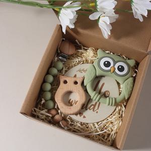 4pcs 가방 세트 및 아기 마일스톤 세트 아기 사진 촬영 소품 키트 나무 올빼미 모양 Teether 매력