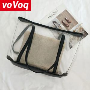여성을위한 투명 가방 여름 PVC 휴대용 단일 어깨 복합 가방 유행 비치 리넨 내부 라이너 토트 백