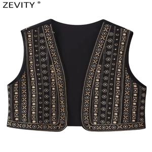 Zevity 여성 빈티지 V 넥 구슬 꽃 자수 짧은 조끼 자켓 숙녀 민소매 캐주얼 카디건 양복 조끼 탑 CT5322