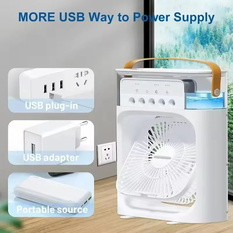 3 In 1 여름 냉각 팬 휴대용 데스크탑 가습기 USB 미니 에어컨 가정 또는 사무실을위한 야간 조명 물 안개