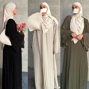 Eid 무슬림 원피스 여성용 플리츠 플레어 슬리브, Jalabiya Kaftan 이슬람 베스티도, 아랍 롱 로브, 라마단 모로코 두바이 아바야스 2024