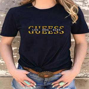 여성 티셔츠 100% 순수 코튼 여름 캐주얼 루즈 패션 GUESS 로스 앤젤레스 레터 프린트 라운드 넥 반팔 티셔츠