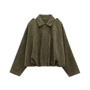 TRAFZA 여성 브라운 그린 스웨이드 자켓 루즈 캐주얼 폭격기 코트 옷깃 지퍼 긴 소매 자켓 빈티지 레이디 오토바이 Outwears