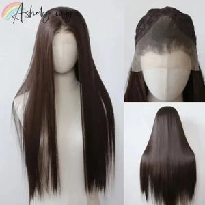 13*4 다크 브라운 합성 레이스 프론트 가발 초콜릿 브라운 롱 스트레이트 레이스 프론트 가발 여성용 Pre Plucked Natural Hairline