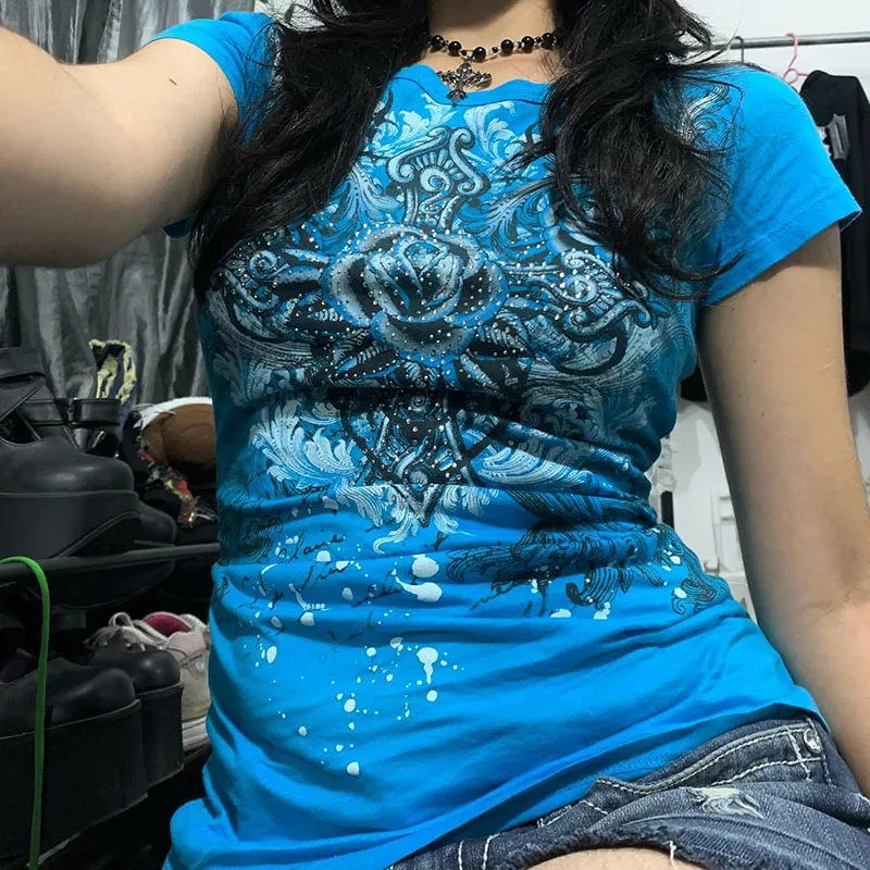 여성용 Y2k 그런지 티셔츠 2000년대 Vinage 라인스톤 프린트 하트 로즈 티셔츠 미학 하라주쿠 라운드 넥 탑 스트리트 패션