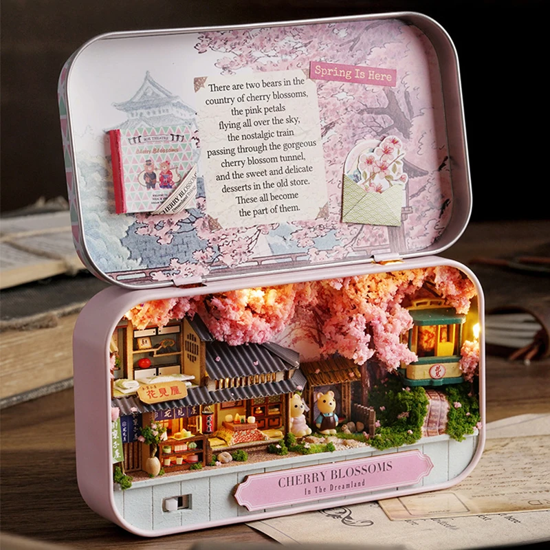 상자 극장 DIY 나무 인형 집 미니어처 상자 귀여운 인형 집 3D 퍼즐 조립 건물 모델 키트 생일 선물을위한 장난감