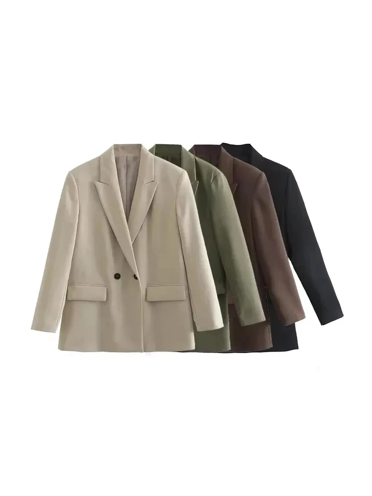 TRZA 여성 패션 더블 브레스트 루즈 피팅 블레이저 코트 빈티지 긴 소매 주머니 여성 겉옷 Chic Veste Femme