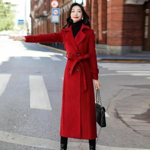 겨울 오버코트 우아한 더블 브레스트 허리 벨트 긴 모직 자켓 패션 열 두꺼운 여성 트렌치 코트 겨울 모직 코트