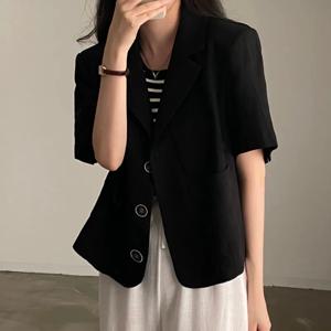 세련된 반소매 정장 재킷 여성 여름 새로운 얇은 소금 시스템 겉옷 셔츠 스타일 싱글 버튼 클로저 스트레이트 컷