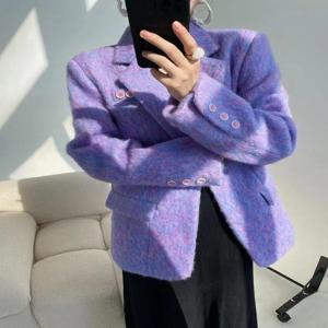 Insozkdg 옷깃 모헤어 모직 플러시 여성 정장 코트 캐주얼 긴 소매 단추 사무실 블레이저 여성 겨울 우아한 포켓 코트