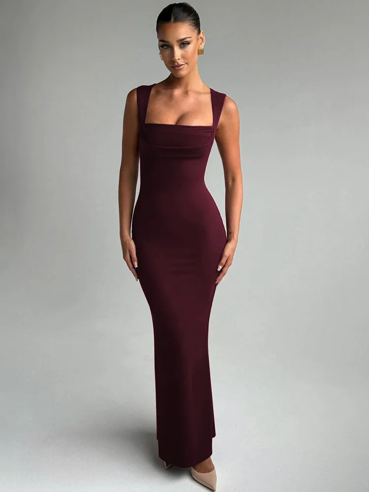 Mozision 스퀘어 칼라 민소매 섹시한 맥시 드레스 여성을위한 패션 봄 여름 새로운 높은 허리 Bodycon 클럽 파티 롱 드레스