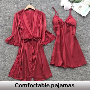 2PCS Leepwear 여성 잠옷 세트 새틴 홈 잠옷 레이스 가운 수면 복장 v 넥 웨딩 Nightwear 착용 Nighty & Rob