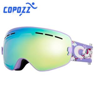 COPOZZ 4-15 세 어린이 스키 고글 안개 방지 어린이 스노우 보드 고글 만화 스트랩이있는 이중 UV400 스키 마스크 안경