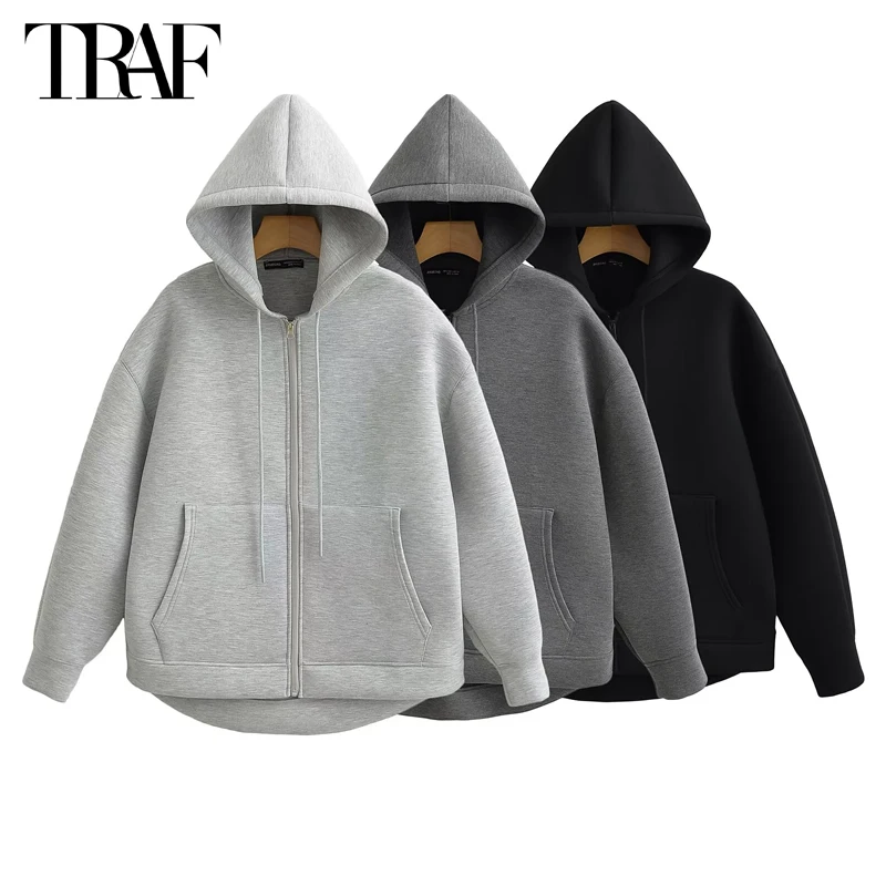 TRAF 2024 지퍼 업 후드 여성 가을 ​​후드 티셔츠 여성 긴 소매 오버 사이즈 여성용 스웨터 지퍼 까마귀 여성 자켓