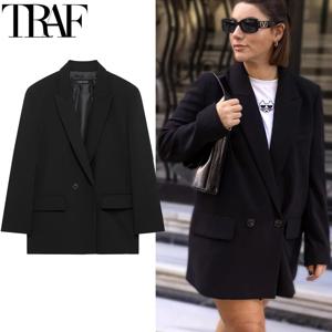 TRAF 여성용 블랙 블레이저 재킷의 새로운 기능 Office 캐주얼 롱 블레이저 여성 봄 2025 긴 소매 오버 사이즈 솔리드 블레이저 088