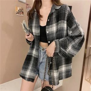 격자 무늬 셔츠 여성 패션 가을 긴 소매 탑 여성 빈티지 싱글 브레스트 블라우스 숙녀 프레피 스타일 느슨한 체크 셔츠