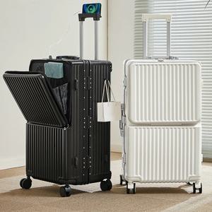 캐리어 전면 개방 여행 가방, 대용량 20/30 인치 알루미늄 프레임 수하물, USB 컵 거치대 노트북 가방, 여행 가방, 2025 신제품, 캐리어 28인치