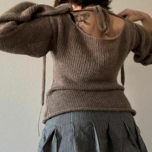패션 여성 티셔츠 타이 백 스웨터 긴 소매 보트 넥 솔리드 컬러 니트 풀오버 캐주얼 탑 streetwear y2k summer cami