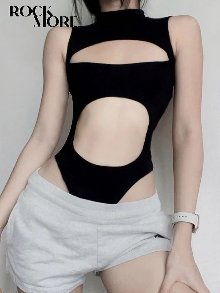 Rockmore Hollow Out Bodysuit Rave Clubwear 란제리 매혹적인 섹시한 바디 오버올 탑 여성 streetwear backless jumpsuit black