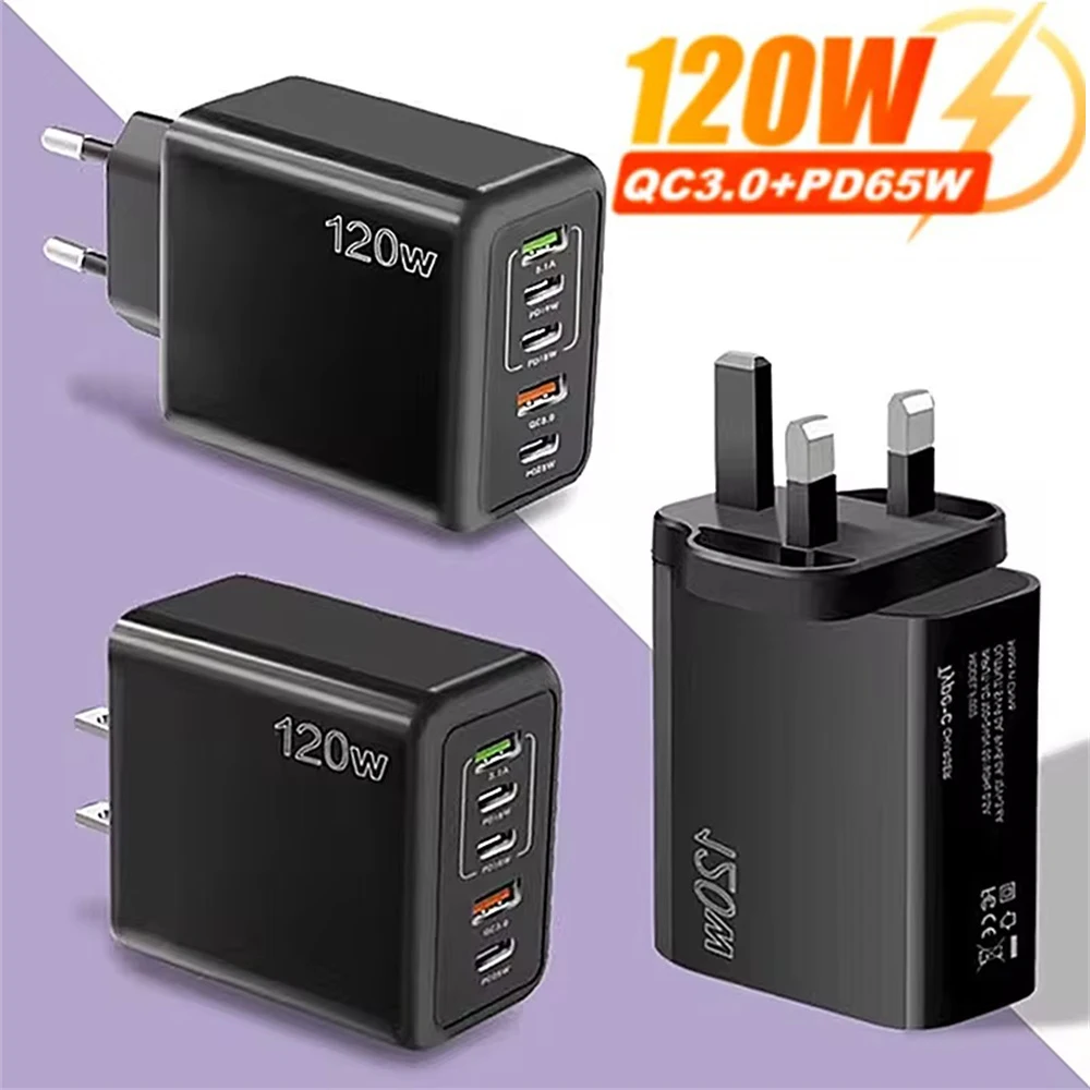 총 120W USB 충전기, 5 포트 C 타입 고속 충전, 휴대폰 벽 어댑터, EU, US, UK 플러그, 아이폰 15, 삼성, 샤오미, 화웨이용
